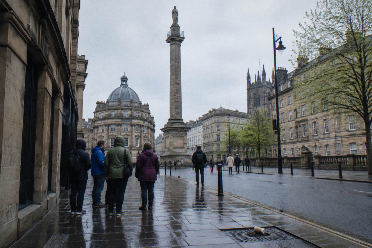 Walkers gathering beside Grey's Monument in Newcastle upon Tyne at the start of a free walking tour