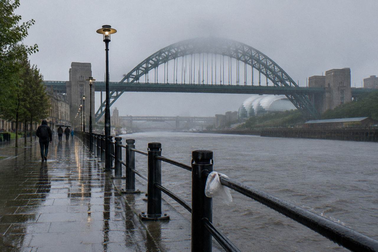 Rainy Quayside scene in Newcastle upon Tyne with the Tyne Bridge and Gateshead Millennium Bridge over the River Tyne