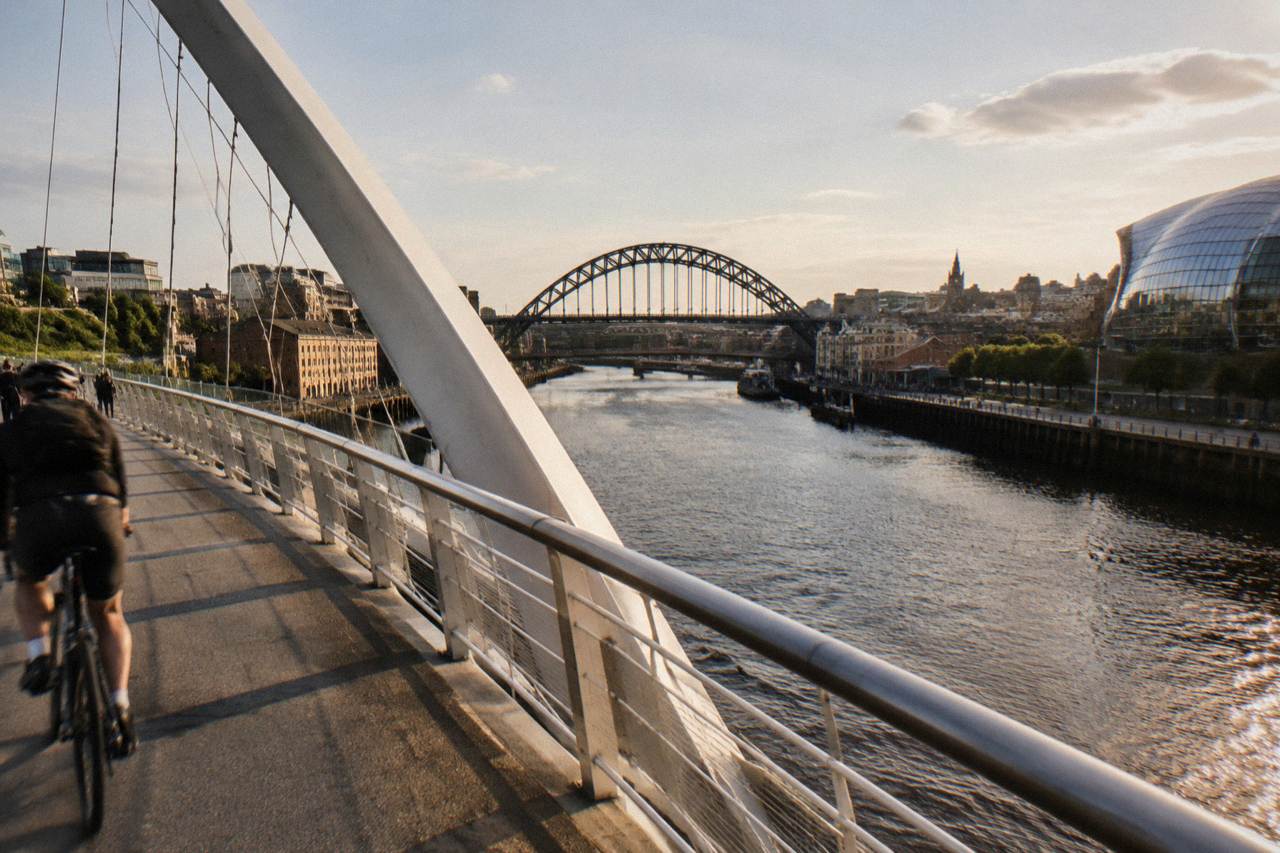 The Tyne Bridge and Gateshead Millennium Bridge seen from the Newcastle Quayside riverside walk