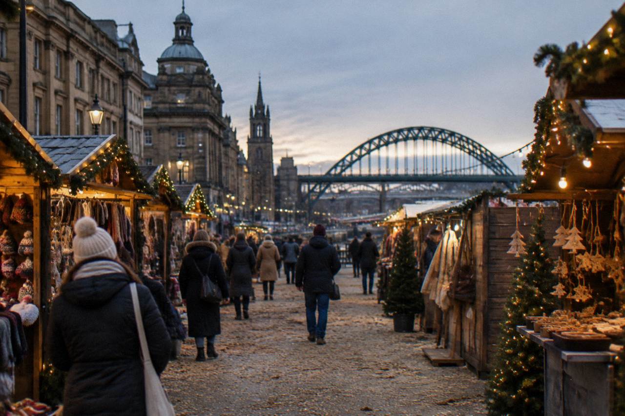 Festive market stalls and shoppers in Newcastle upon Tyne during the Christmas season