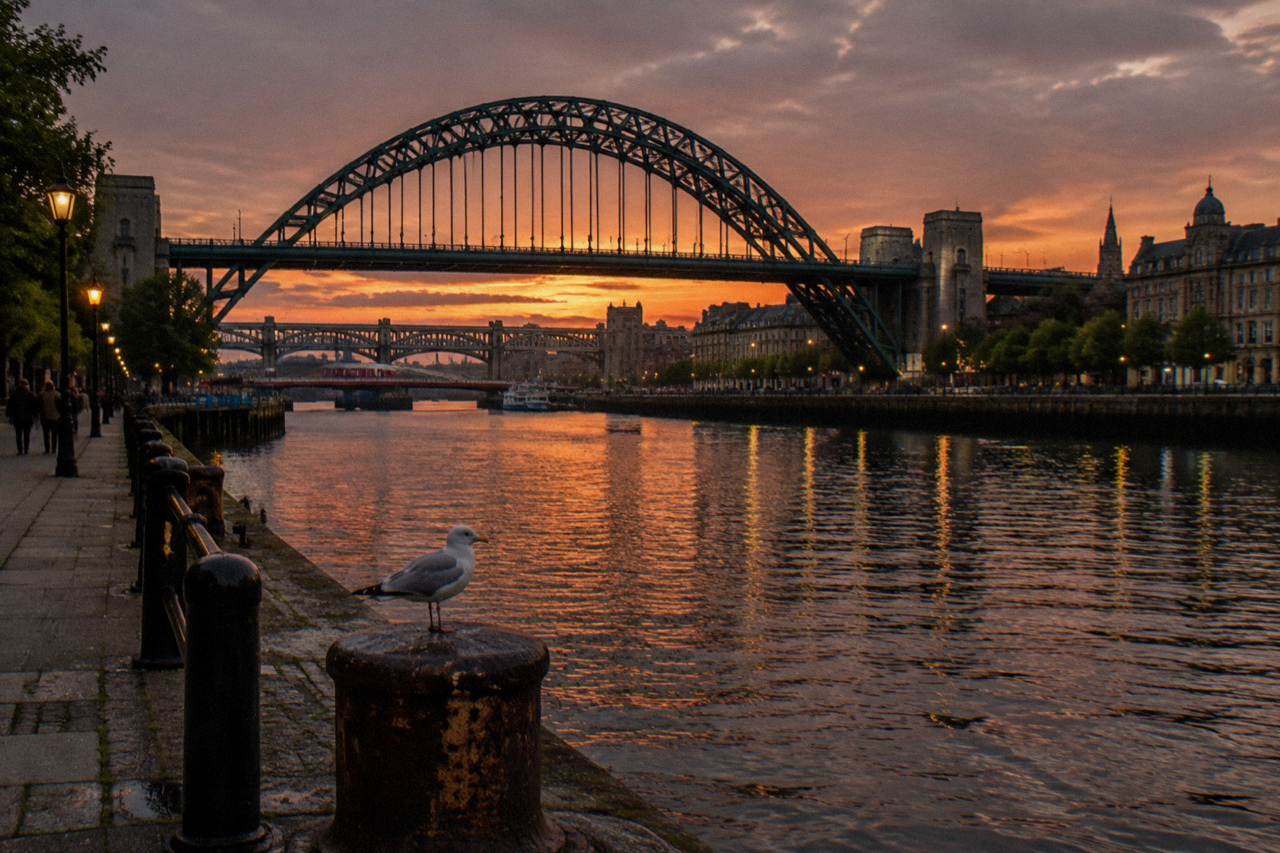 The Tyne Bridge and the Gateshead Quayside seen from the Newcastle riverside at dusk